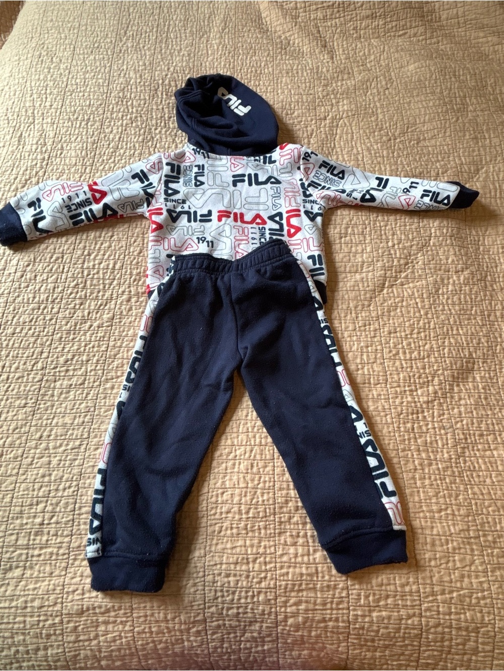 FILA Kids Logo Fleece Hoodie & Joggers Set - Navy & White with Red Accents